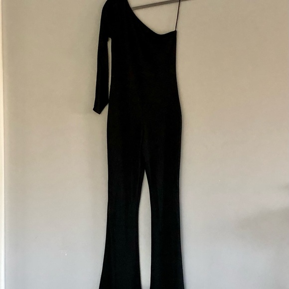 Pants - Vintage One Shoulder, Flair Leg, Black Crepe Jumpsuit. Sexy Disco Cat-woman. S